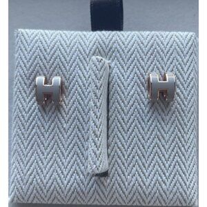 Hermès "H" Rose Gold & White Enamel Stud Earrings In Box